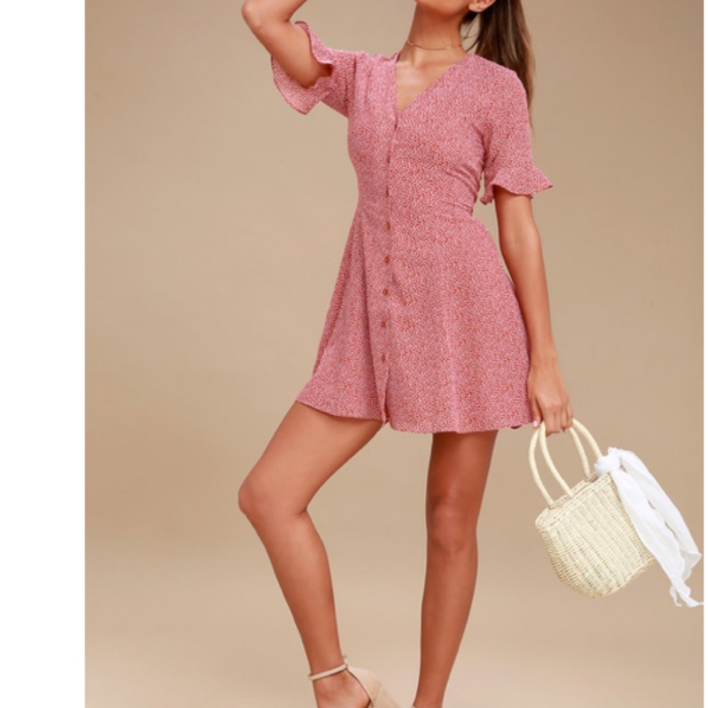 Lulus Castana Rust Red Print Button-Up Dress Sz S - image 2